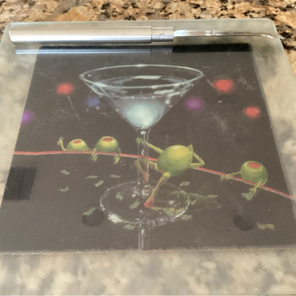 Michael Godard glass cheese board with knife